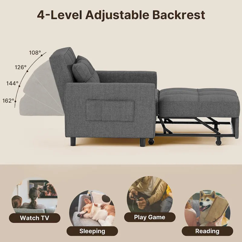 Sofá-cama 3 em 1 com cadeira-cama extraível, sofá-cama convertível, ajustável e dobrável, estofado
