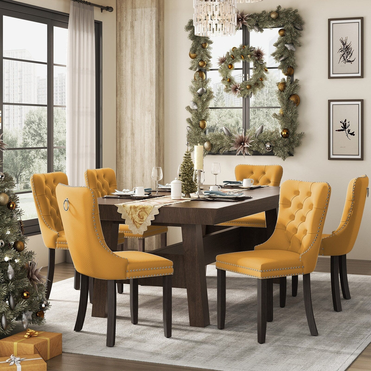 Set di 6 sedie da pranzo imbottite in velluto capitonné con gambe in legno massello