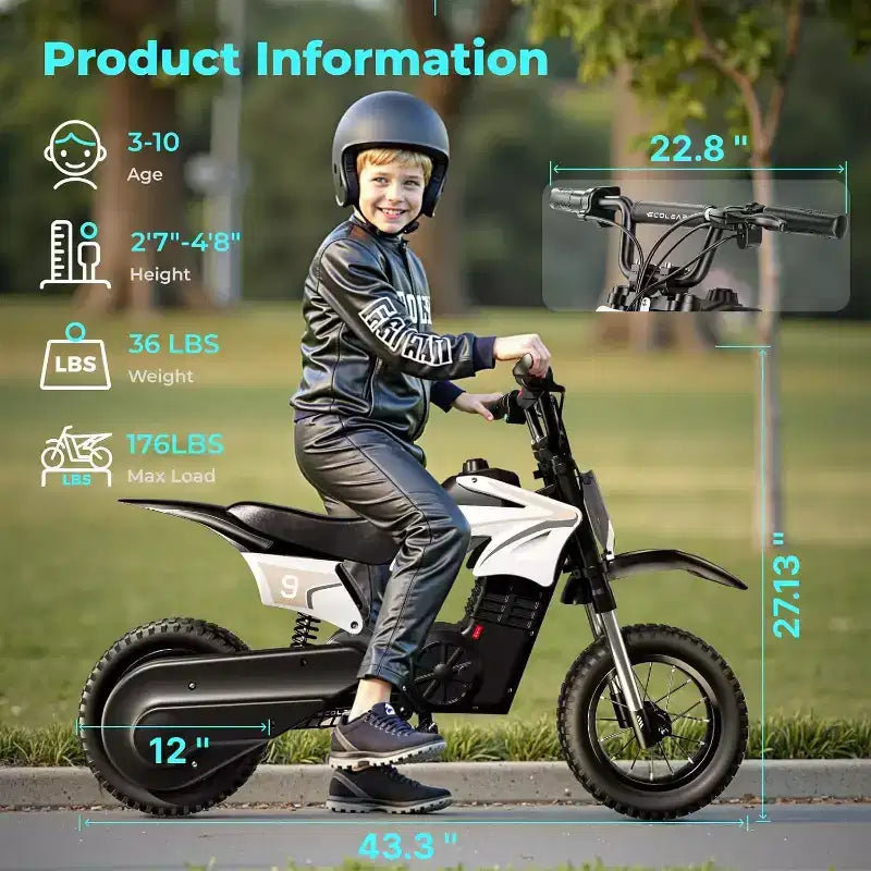ECOLEAP K1 elektrisches Dirtbike für Kinder, 36 V, schnell mit 16 MPH, Reichweite von 14 Meilen, 700-W-Spitzenmotor, 3 Geschwindigkeitsstufen, 12 Offroad-Reifen, UL, für Kinder von 3–10 Jahren