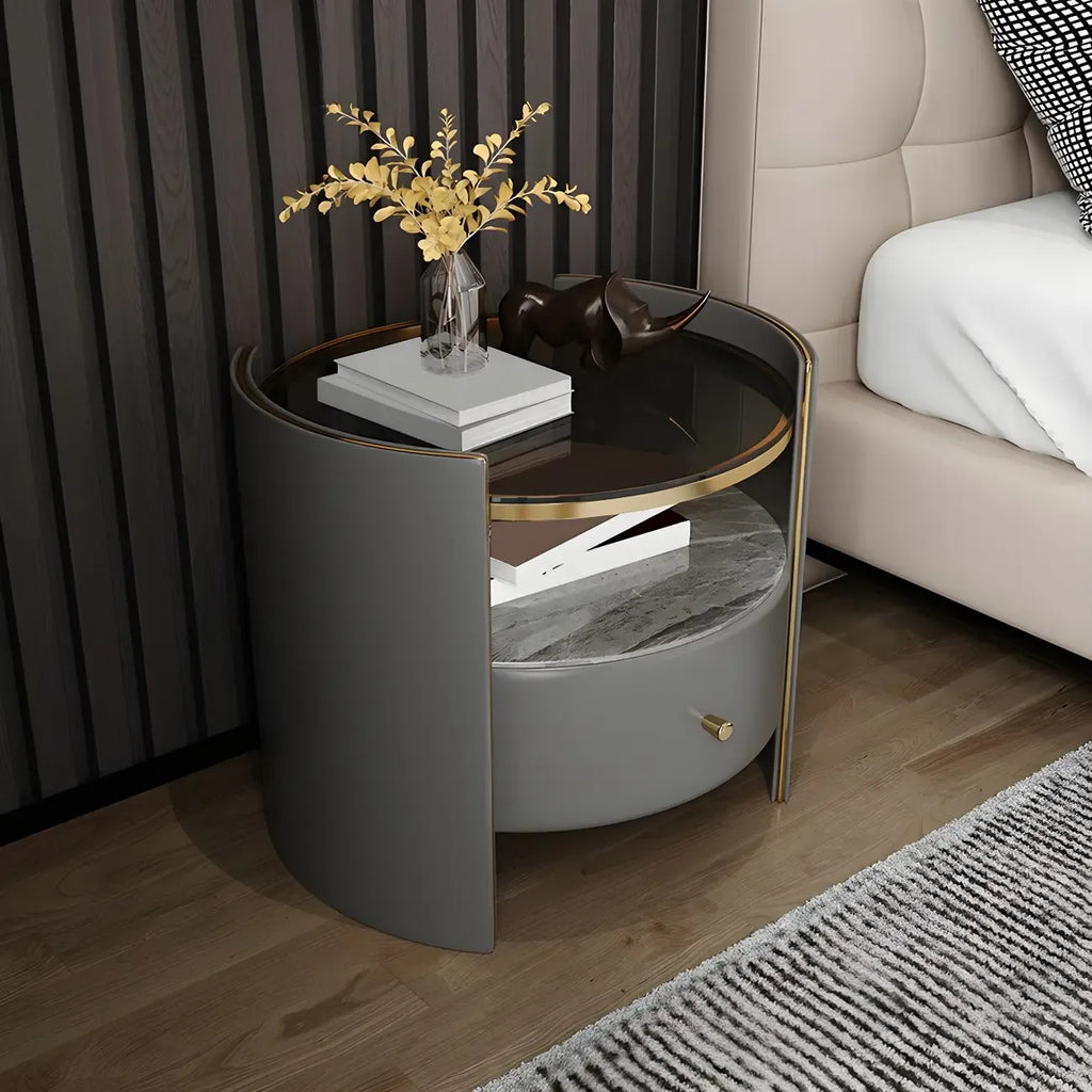 Luxury Glass Top Nightstand with Drawer Storage and Open Cubby