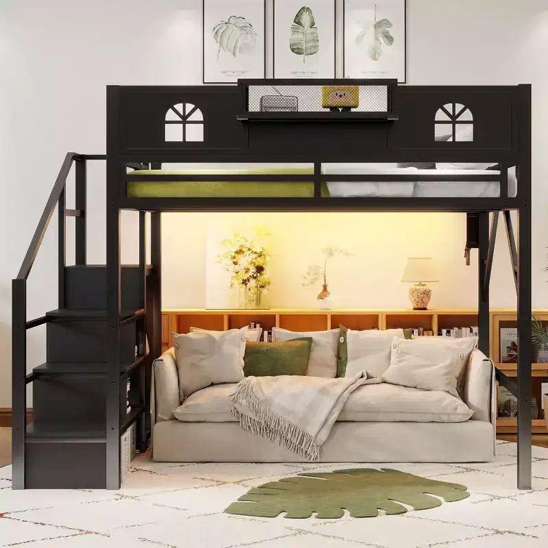 Łóżko na antresoli ModernLuxe Full/Queen ze schodami i wbudowaną szafą, metalowa rama łóżka z oświetleniem LED, stacją ładowania USB i półkami do przechowywania