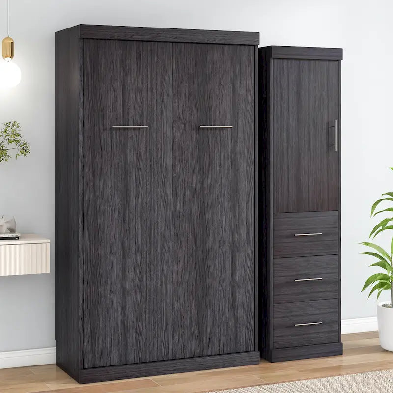 Lit escamotable pliable gris avec armoire et 3 tiroirs, deux places/une place, pour 1 personne