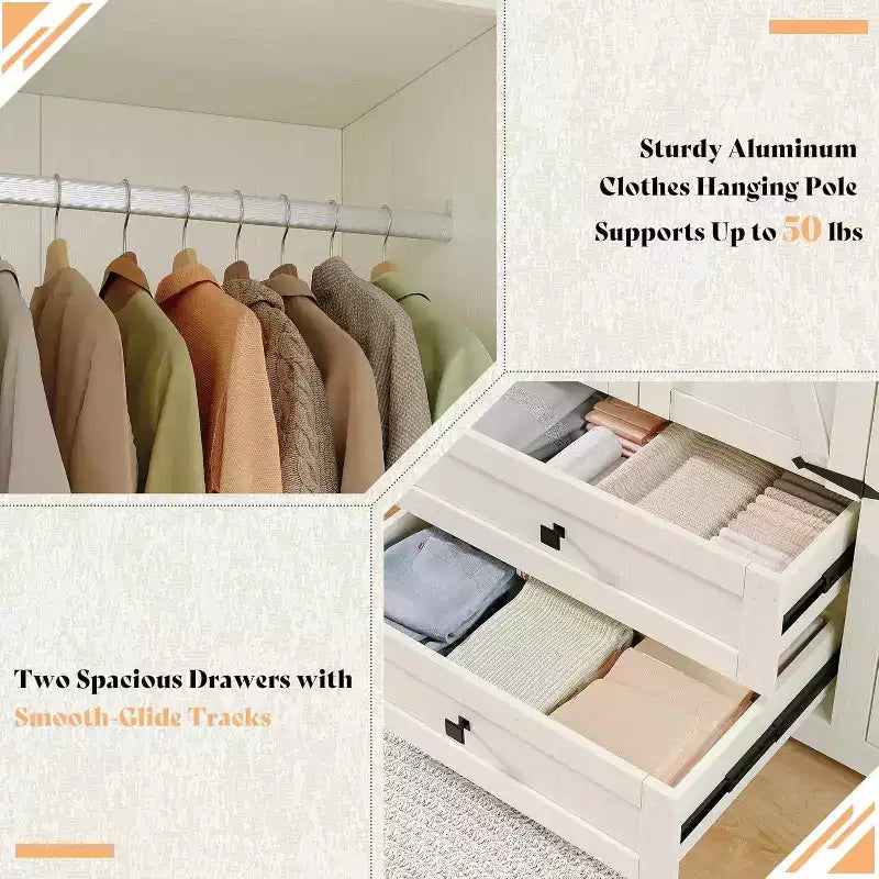 Armário de roupa estilo quinta AMERLIFE de 47 com 3 portas, 2 gavetas, varão para cabides e prateleiras ajustáveis, organizador de roupeiro independente