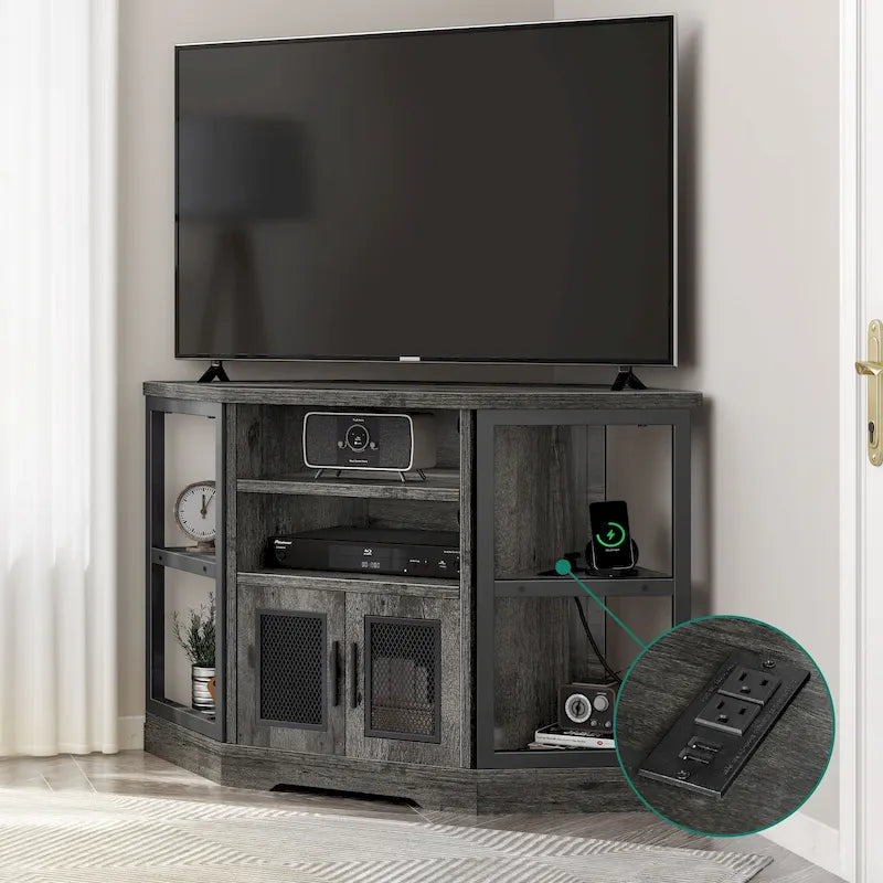 Eck-TV-Ständer im Landhausstil, Entertainment-Center und Medienkonsole für Fernseher bis 55 Zoll mit Steckdose